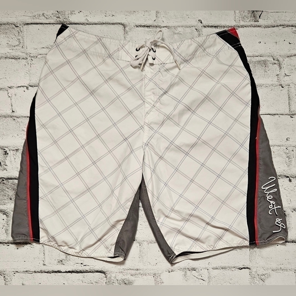 West 49 Board Shorts Mens 34 Plaid White Gray Red Surf Swim